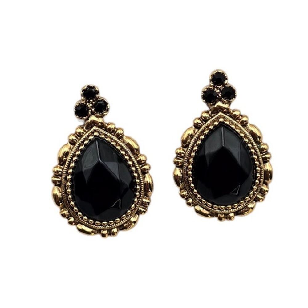 Black & Rhinestone Teardrop Earrings Gold Ornate - Victorian Dark Romantic